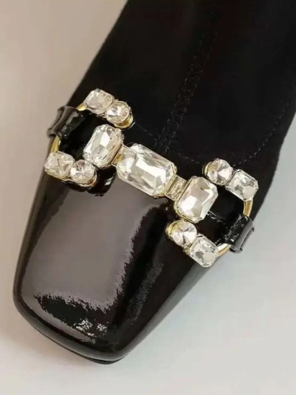 Women'S Black Square Toe Ankle Boots - Rhinestone And Pearl Buckle Detail